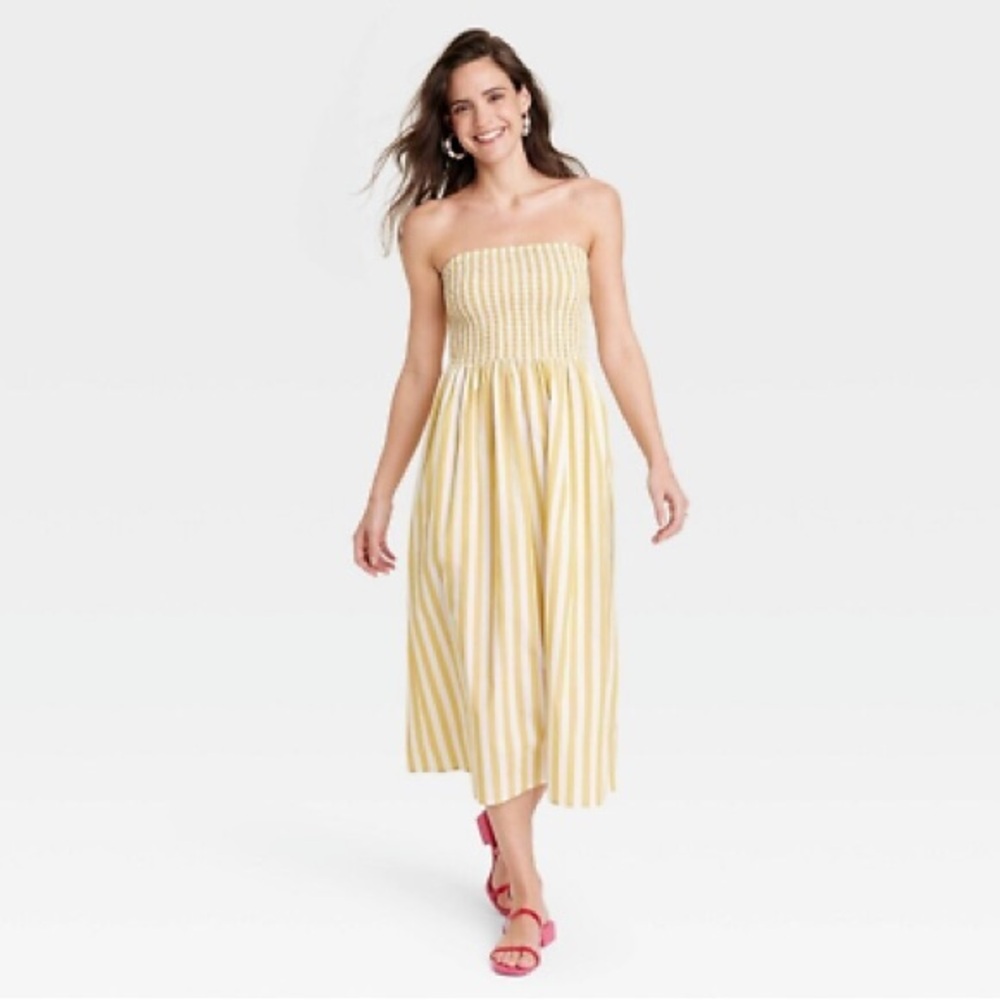 Yellow and White Strapless Dress